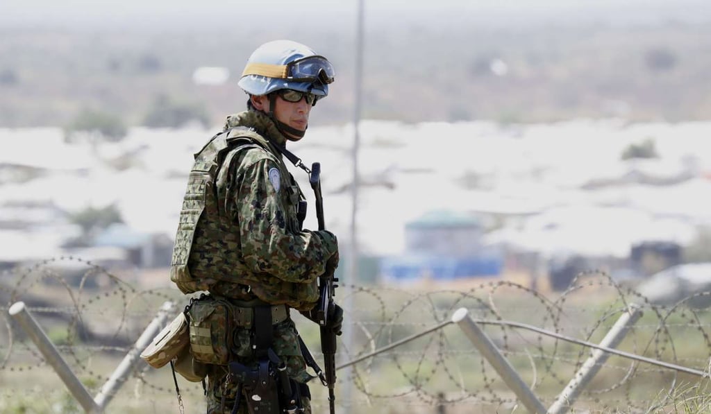 A Japanese ground Self-Defence Force soldier stands guard during peacekeeping operations in Juba, South Sudan. Photo: Kyodo