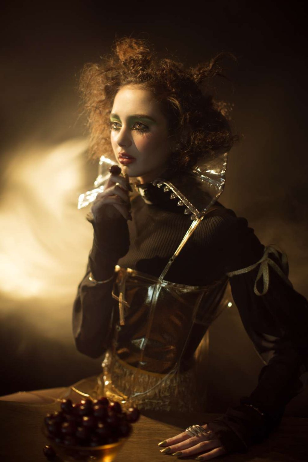 YSL Beauté Blush Volupte - Light 04 ;Tom Ford True Coral Lipstick; Estee Lauder Sumptuous lash Mascara - True Black; Vera Wang Top; Rosamosario Dress, collar; Mokuba Ribbons on sleeve; De Grisogono Rings; Cartier Love bracelets; Gucci Choker