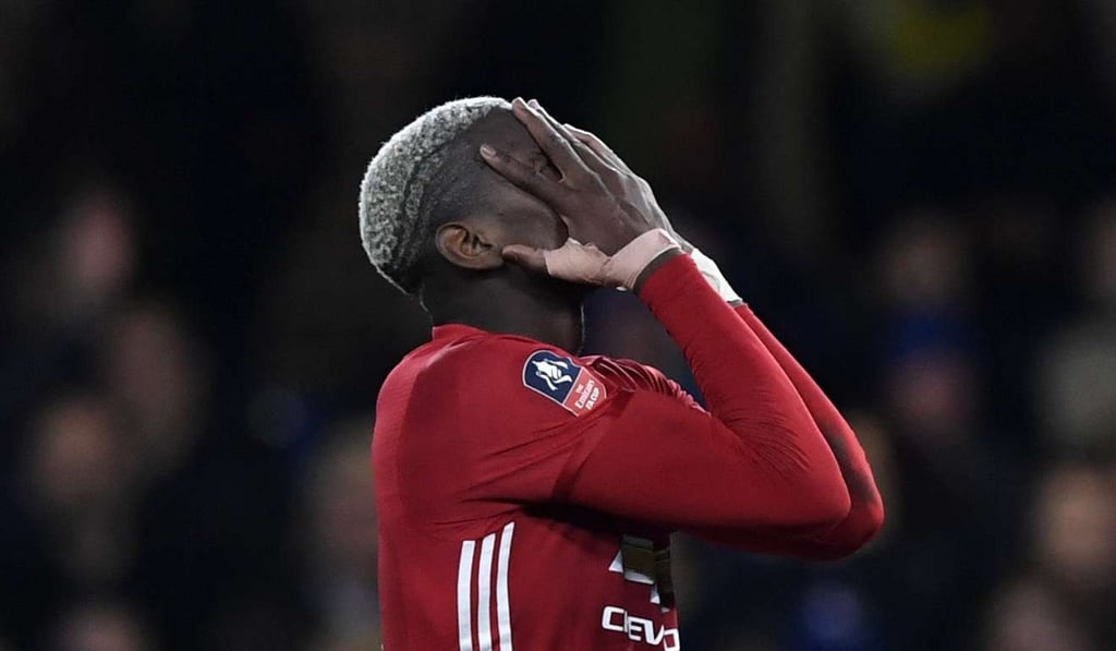 Paul Pogba reacts during the FA Cup quarter-final against Chelsea. Photo: EPA