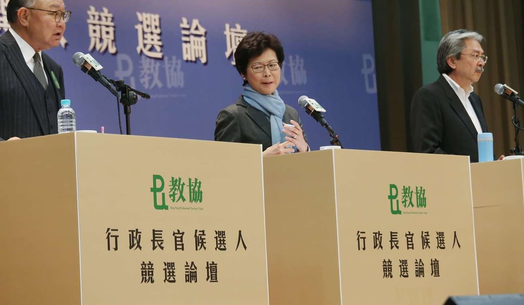 (From left) Chief executive candidates Woo Kwok-hing, Carrie Lam Cheng Yuet-ngor and John Tsang Chun-wah at a forum. Photo: David Wong