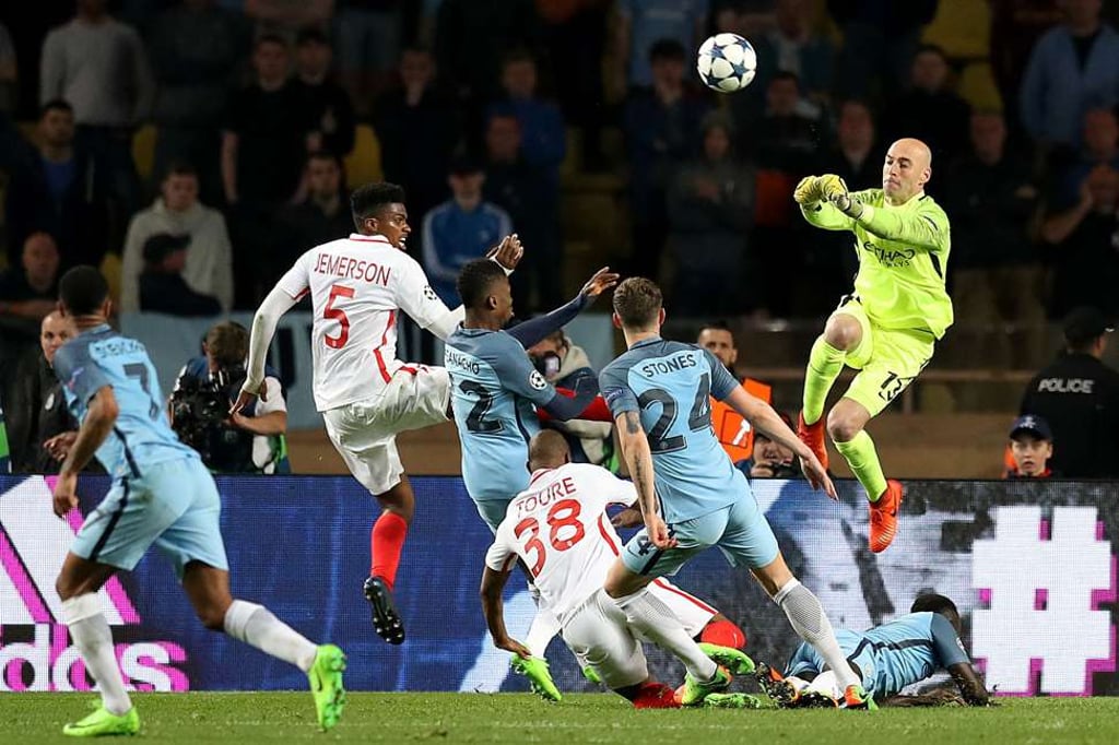 Manchester City’s Willy Caballero blocks a shot on goal during the Uefa Champions League loss to Monaco. Photo: AFP