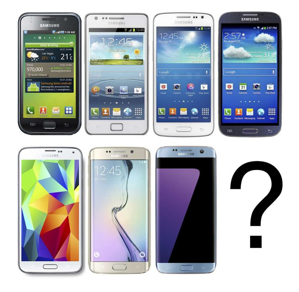 Samsung’s Galaxy S phone series, one to four (top row, from left) and five to seven (bottom row, from left).