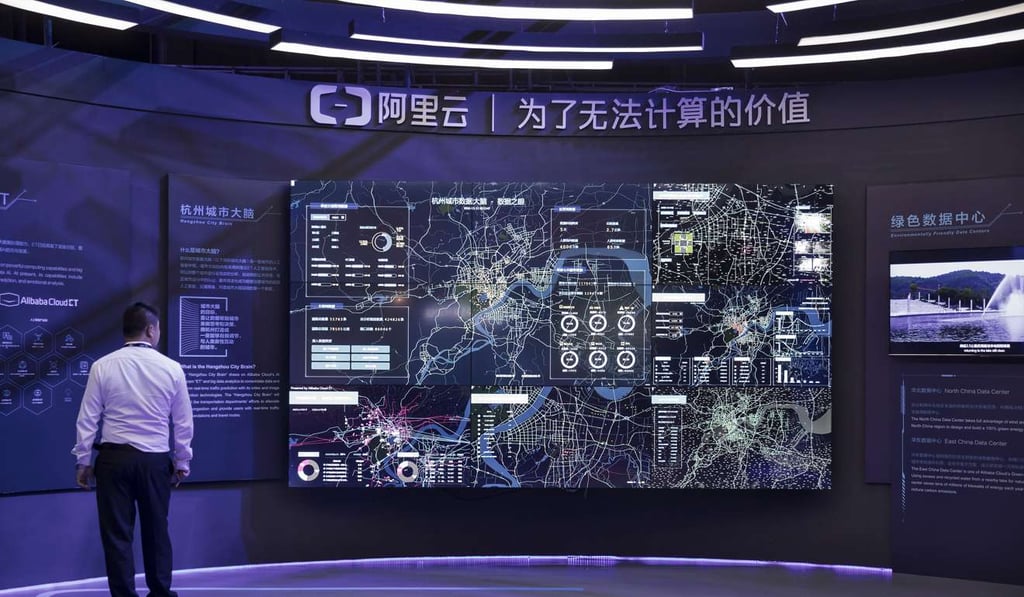 A display booth for Alibaba Group’s cloud computing unit. Photo: Bloomberg