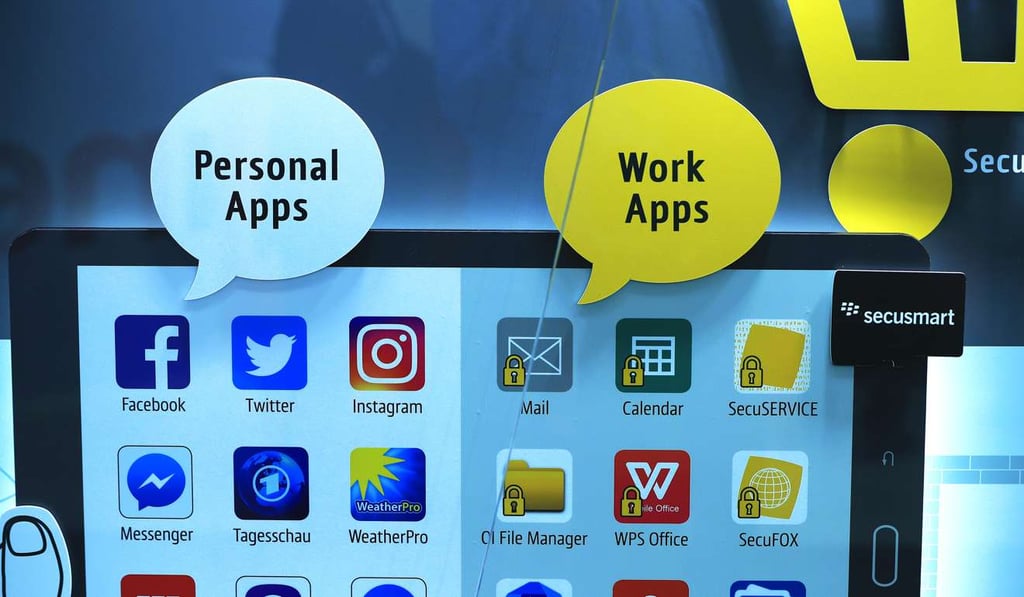 An advertisement for Secusmart GmbH SecuTablet mobile app software services displays locked work and personal applications on a tablet device at the CeBIT 2017 tech fair in Hannover, Germany. Photo: Bloomberg An advertisement for Secusmart GmbH SecuTablet mobile app software services displays locked work and personal applications on a tablet device at the CeBIT 2017 tech fair in Hannover, Germany. Photo: Bloomberg