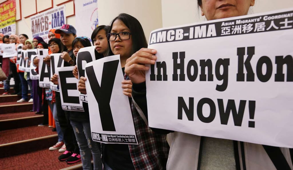 Asian Migrants' Coordinationg Body demand greater rights for domestic workers in Hong Kong during a screening of Erwiana: Justice for All. Photo: Felix Wong
