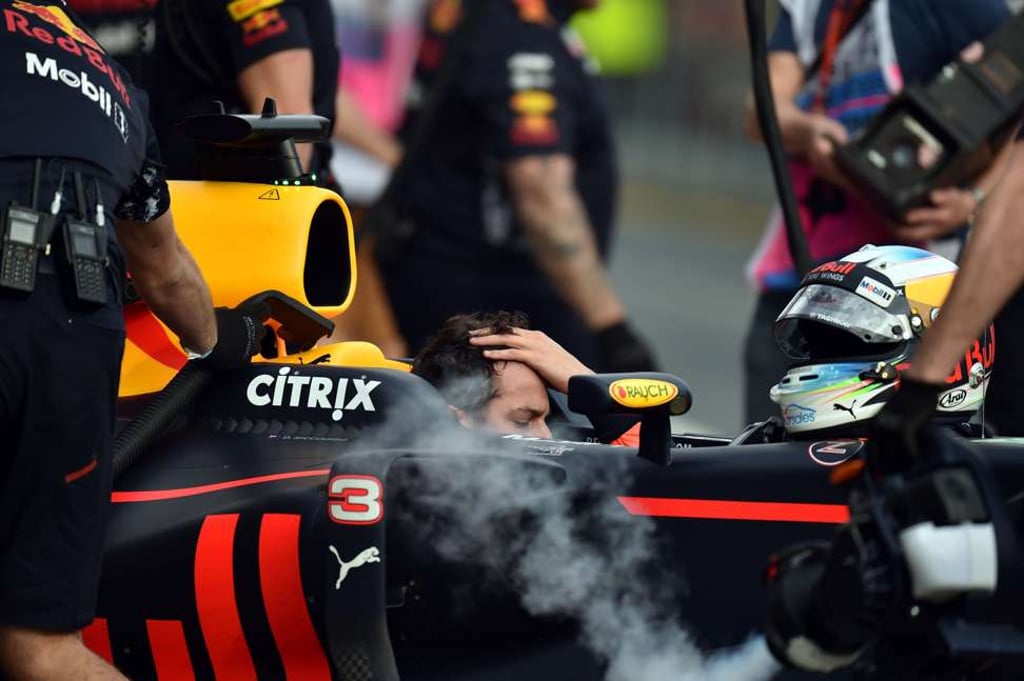 Red Bull’s Daniel Ricciardo reacts after a disappointing second practice session. Photo: AFP
