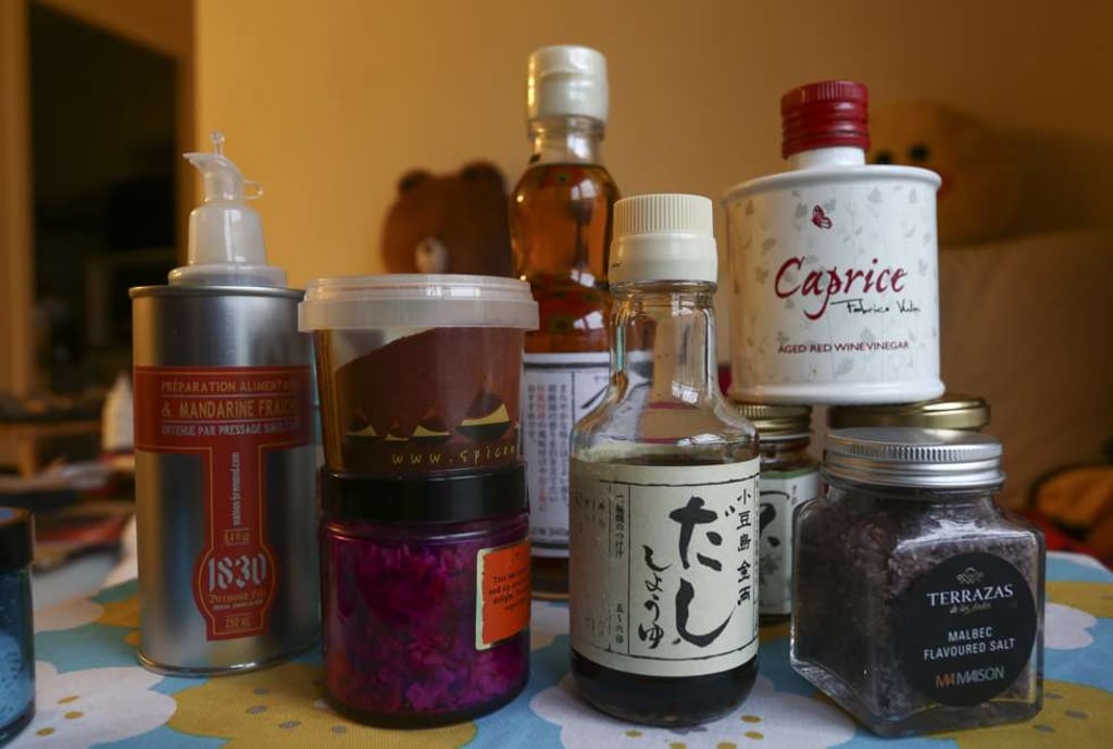 Some of the ingredients on Ma’s kitchen shelves.
