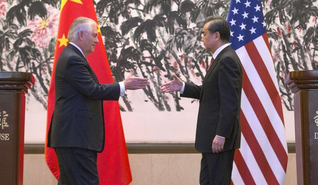 US Secretary of State Rex Tillerson, left, and Chinese Foreign Minister Wang Yi end a joint press conference following their meeting at the Diaoyutai State Guesthouse in Beijing on March 18. Photo: AP US Secretary of State Rex Tillerson, left, and Chinese Foreign Minister Wang Yi end a joint press conference following their meeting at the Diaoyutai State Guesthouse in Beijing on March 18. Photo: AP