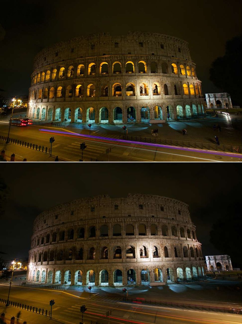 The Colosseum with lights off and on during Earth Hour in Rome. Photo Xinhua