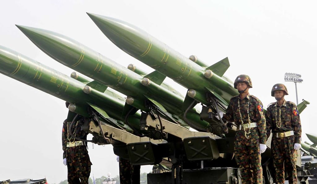 Myanmar's military officers atop trucks loaded with missiles during a parade to commemorate the Myanmar's 72nd Armed Forces Day in Naypyitaw, Myanmar. Photo: AP Myanmar's military officers atop trucks loaded with missiles during a parade to commemorate the Myanmar's 72nd Armed Forces Day in Naypyitaw, Myanmar. Photo: AP