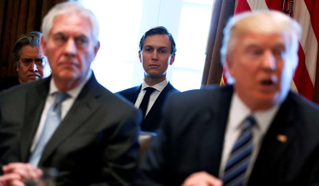 White House advisors Steve Bannon (left) and Jared Kushner (centre) attend as US President Donald Trump (right), flanked by Secretary of State Rex Tillerson (second, left) holds a cabinet meeting. Photo: Reuters