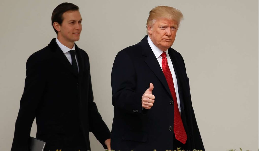 US President Donald Trump gives a thumbs-up as he and White House Senior Adviser Jared Kushner depart the White House in Washington on March 15. Photo: Reuters