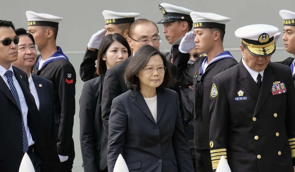 Taiwanese President Tsai Ing-wen, centre, visits the Tsoying navy base in Kaohsiung, southern Taiwan on March 21. Photo: AFP Taiwanese President Tsai Ing-wen, centre, visits the Tsoying navy base in Kaohsiung, southern Taiwan on March 21. Photo: AFP