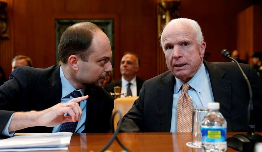 Russian opposition leader Vladimir Kara-Murza, vice chairman of Open Russia, and US Senator John McCain prepare to testify before a Senate Appropriations State, Foreign Operations and Related Programs Subcommittee hearing on Wednesday. Photo: Reuters