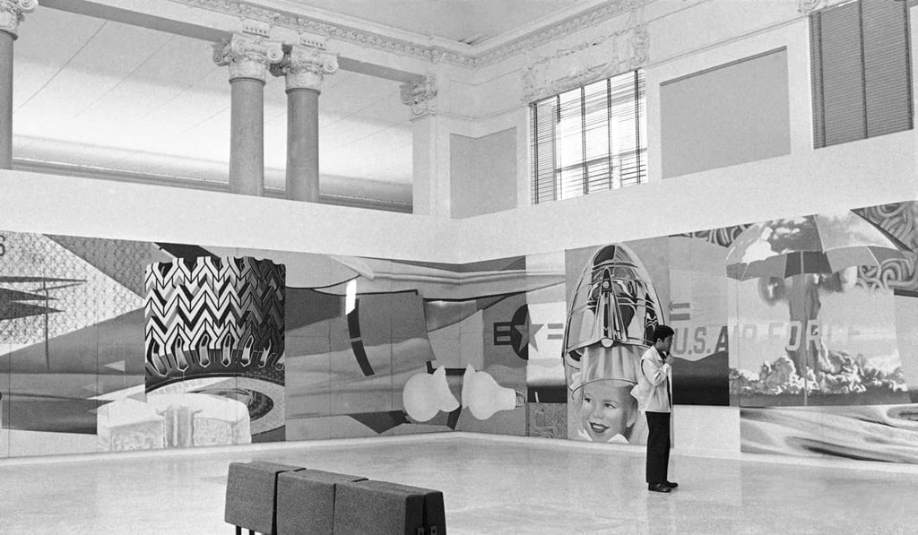 A 1966 photo of Theme With Variations, Rosenquist's 92-feet long and 10-feet high painting at Rome's National Gallery of Modern Arts. The work, which consists of 51 panels placed side by side or overlapping, has as central figure of the US jet bomber piece F-111. Photo: AP