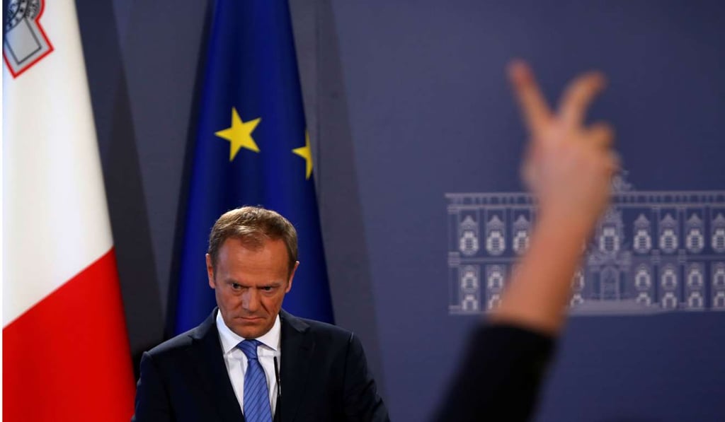 President of the European Council Donald Tusk attends a press conference last Friday. On the matter of Brexit, Brussels has the upper hand because it made the rules. Article 50 of the Lisbon treaty was drafted quite deliberately not merely to deter countries from leaving the EU but to make sure that if any tried to do so, the effect would be to discourage others. Photo: Reuters