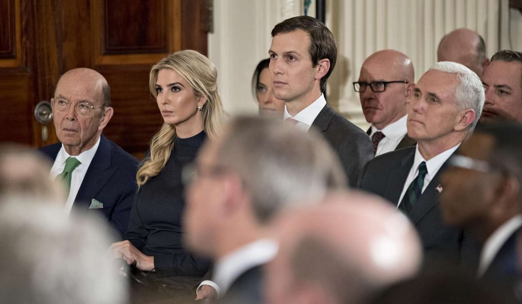From left, Wilbur Ross, US commerce secretary; Ivanka Trump, daughter of US President Donald Trump; Jared Kushner, Ivanka Trump’s husband and senior White House adviser; and Vice-President Mike Pence, in the East Room of the White House on March 17. Photo: Bloomberg