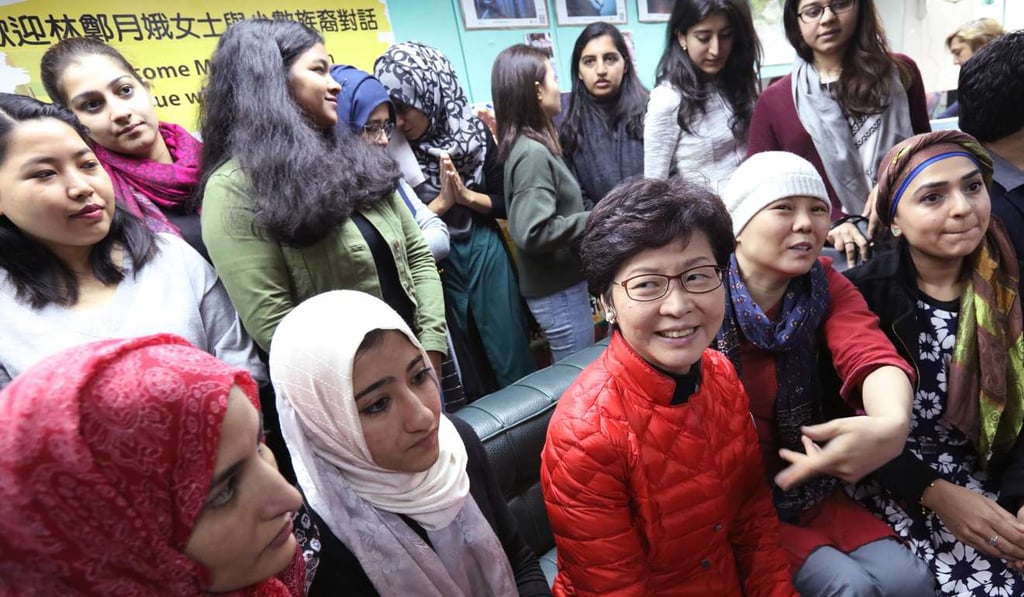Chief-executive elect Carrie Lam Cheng Yuet-ngor (seated, third from left) meets members of the ethnic minority communities while campaigning for the office in February, when she was still a candidate. She won the election last month. The government needs to recognise the cultural and linguistic diversity of the different ethnic groups, and come up with clear strategies for maintaining their cultural identities. Photo: Felix Wong