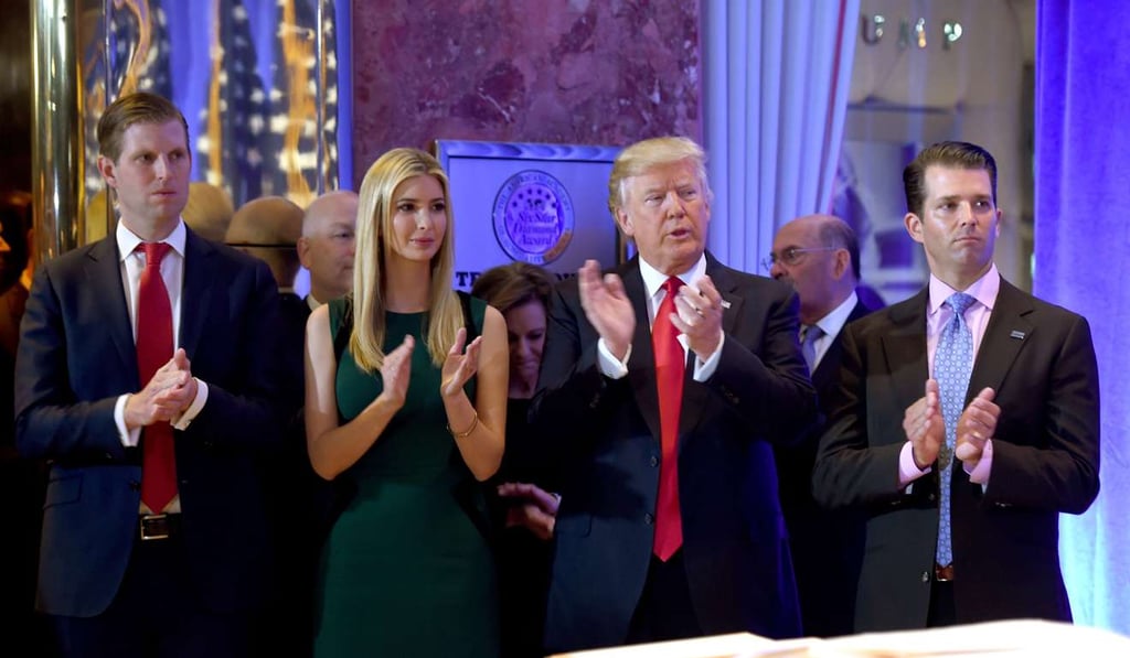 Donald Trump along with his children Eric (left), Ivanka and Donald Jr arrive for a press conference at Trump Tower in New York on January 11. Photo: AFP