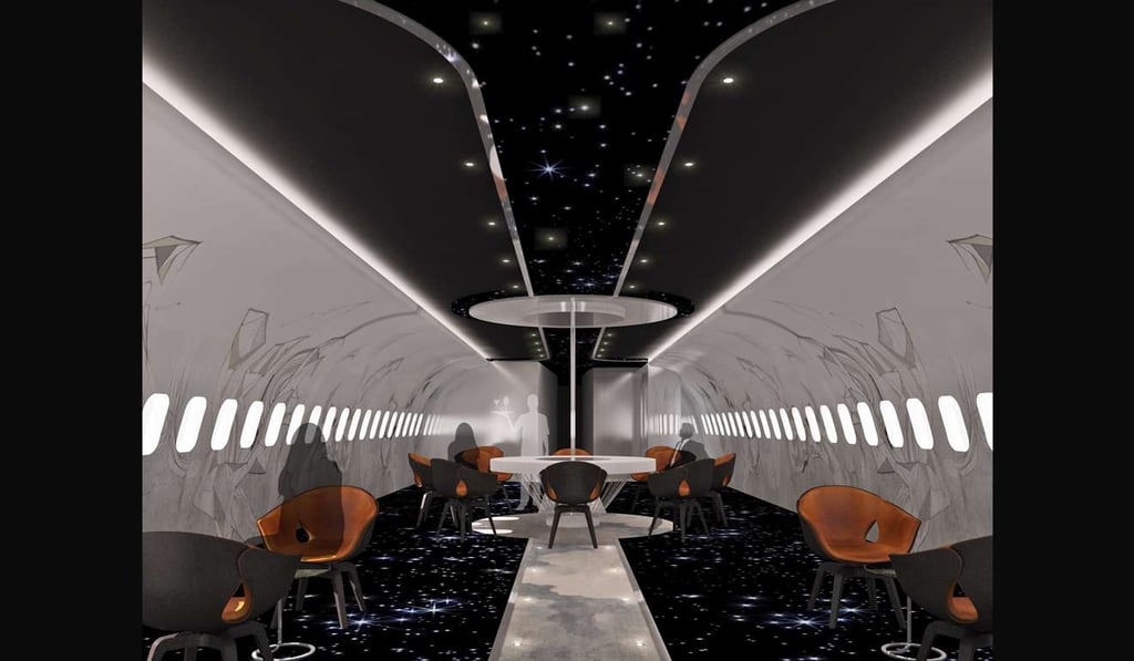 The transformable floors and ceiling of the dinning room are covered with LED screens that project a live feed of space to carry guests into a different space. The transformable floors and ceiling of the dinning room are covered with LED screens that project a live feed of space to carry guests into a different space.