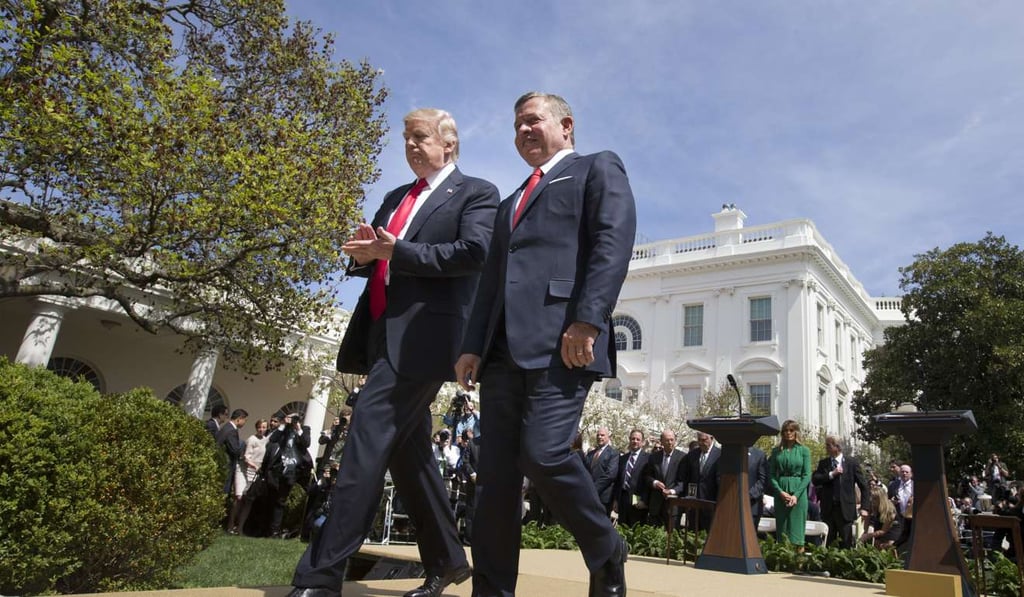 US President Donald Trump (left) and King Abdullah II of Jordan leave after concluding their joint news conference in the Rose Garden of the White House in Washington on Wednesday. Photo: EPA