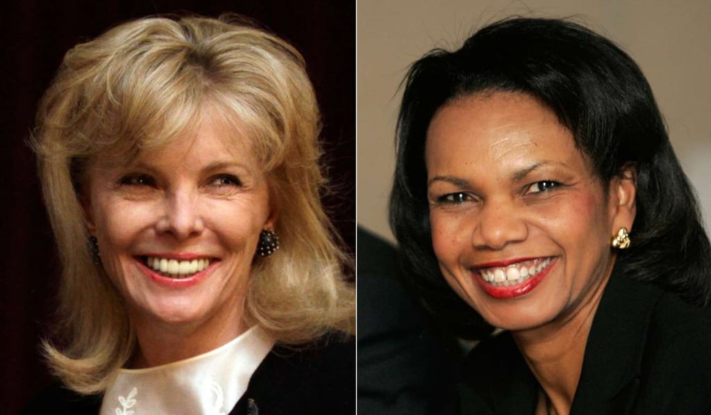 Financier Darla Moore and former US Secretary of State Condoleeza Rice smile as both are members of Augusta National Golf Club, the first female members in its 80-year history. The Club, which hosts the first major golf tournament in the Masters, said it looks forward to having more female members. Photo: AP