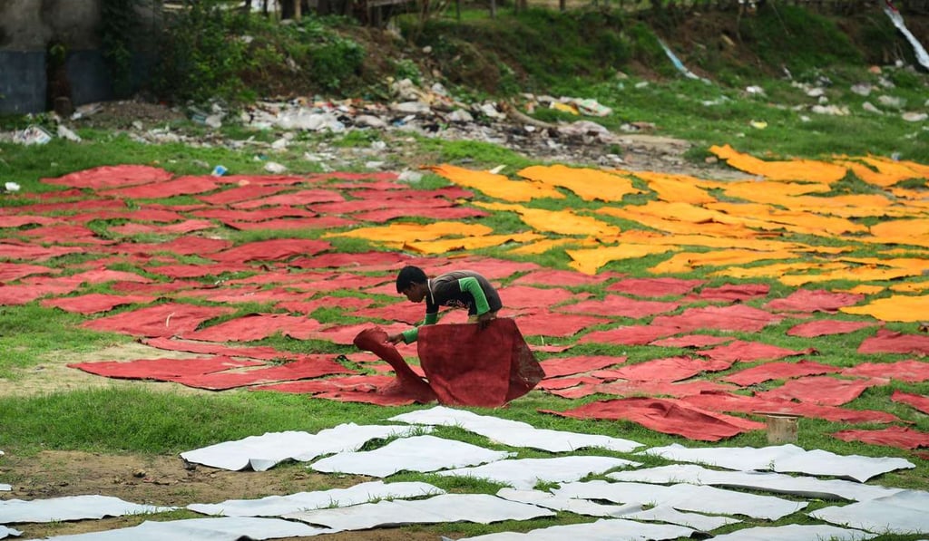 A Bangladeshi worker dries pieces of processed leather at a tannery in Dhaka. Photo: AFP