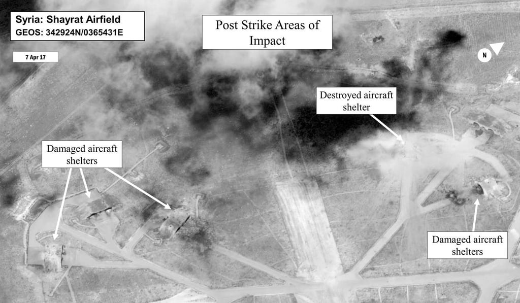 A satellite photo shows damage to the al-Shayrat airfield in Syria following the US missile strikes on April 7. Photo: DOD A satellite photo shows damage to the al-Shayrat airfield in Syria following the US missile strikes on April 7. Photo: DOD
