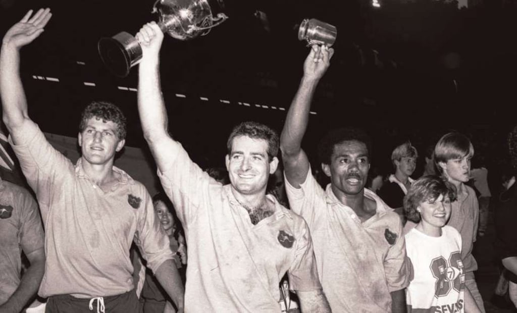 David Campese holds the Cup aloft after Australia win the 1988 Hong Kong Sevens. Photo: SCMP