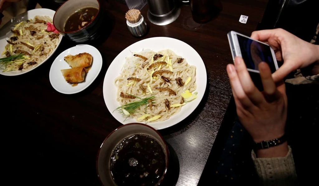 A customer takes pictures of 'Insect tsukemen' ramen noodle topped with fried worms and crickets. Photo: Reuters