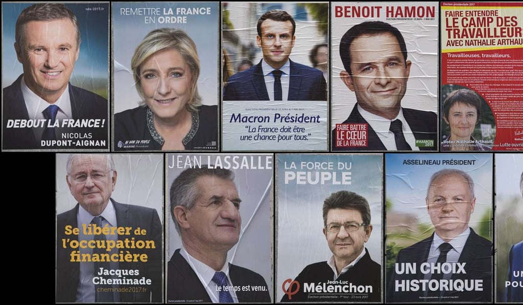 A composite combo photo shows the official campaign posters for all eleven candidates for the 2017 French presidential election candidates, including (clockwise from top left): 'Debout La France' (Stand Up France) political party candidate Nicolas Dupont-Aignan, 'Front National' (FN) candidate Marine Le Pen, 'En Marche!' (Onward!) political party candidate Emmanuel Macron, 'Parti Socialist' (PS) political party candidate Benoit Hamon, among others. Photo: EPA