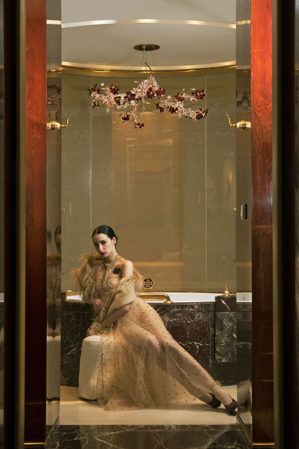 CHRISTIAN DIORTulle dress PRADA Fur stole CHANEL Necklace and tights BOTTEGA VENETA Shoes