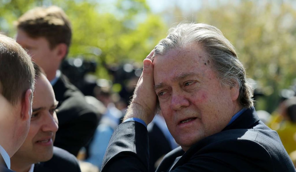 White House Chief Strategist Stephen Bannon is seen in the Rose Garden ahead of the swearing-in ceremony for Neil Gorsuch as an associate justice of the US Supreme Court at the White House on Monday. Photo: AFP White House Chief Strategist Stephen Bannon is seen in the Rose Garden ahead of the swearing-in ceremony for Neil Gorsuch as an associate justice of the US Supreme Court at the White House on Monday. Photo: AFP