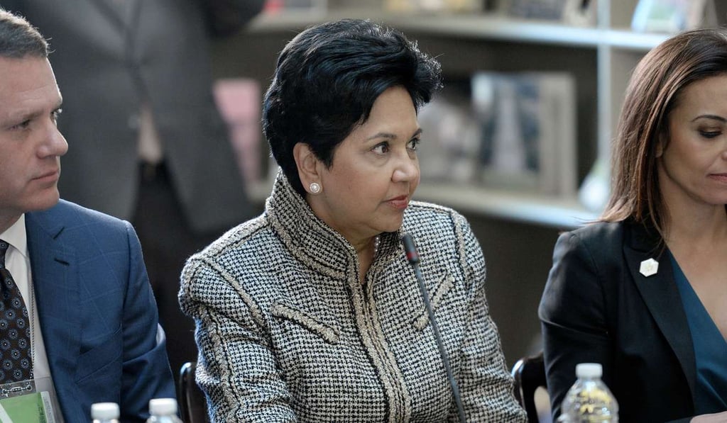 Indra Nooyi, chief executive of Pepsi attending an address by US President Donald Trump in the State Department Library in the Eisenhower Executive Office Building in Washington April 11, 2017. Photo: Abaca Press