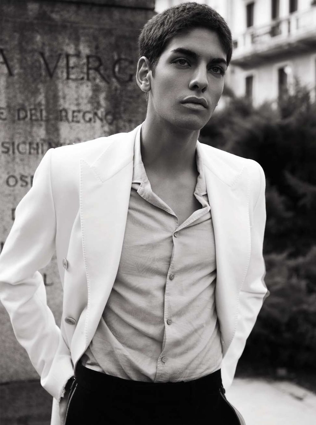 Dolce & Gabbana, white coat, price on request; Ermenegildo Zegna, shirt, price on request; Louis Vuitton, trousers, HK$9,050