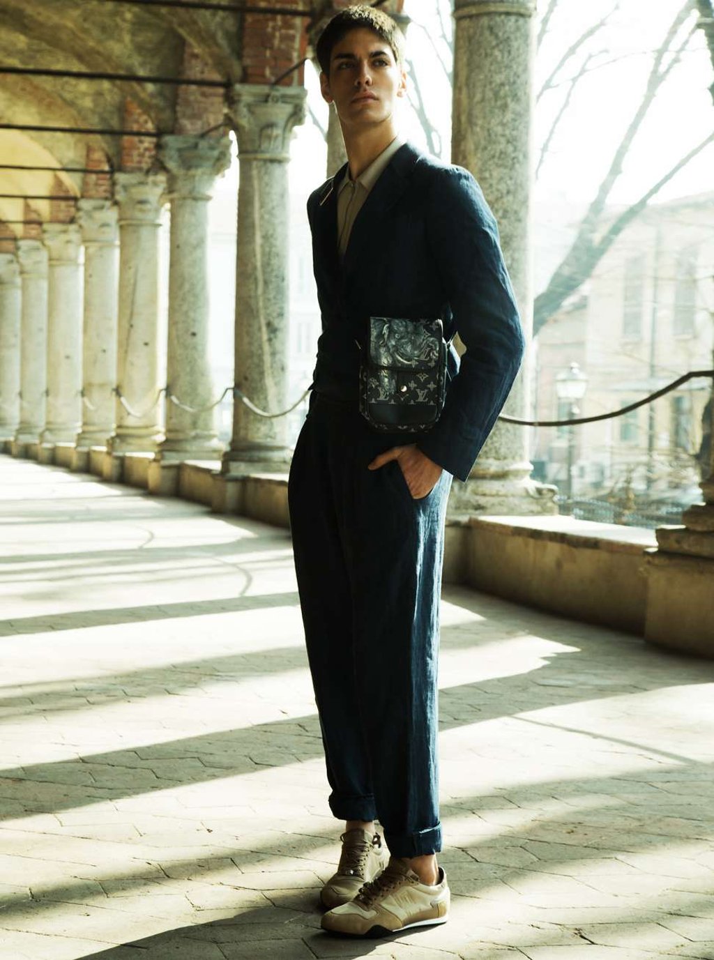Ermenegildo Zegna, jacket and trousers, prices on request; Hermes, polo shirt, HK$9,200; Louis Vuitton, bag, HK$15,300; Versace, shoes, HK$5,300