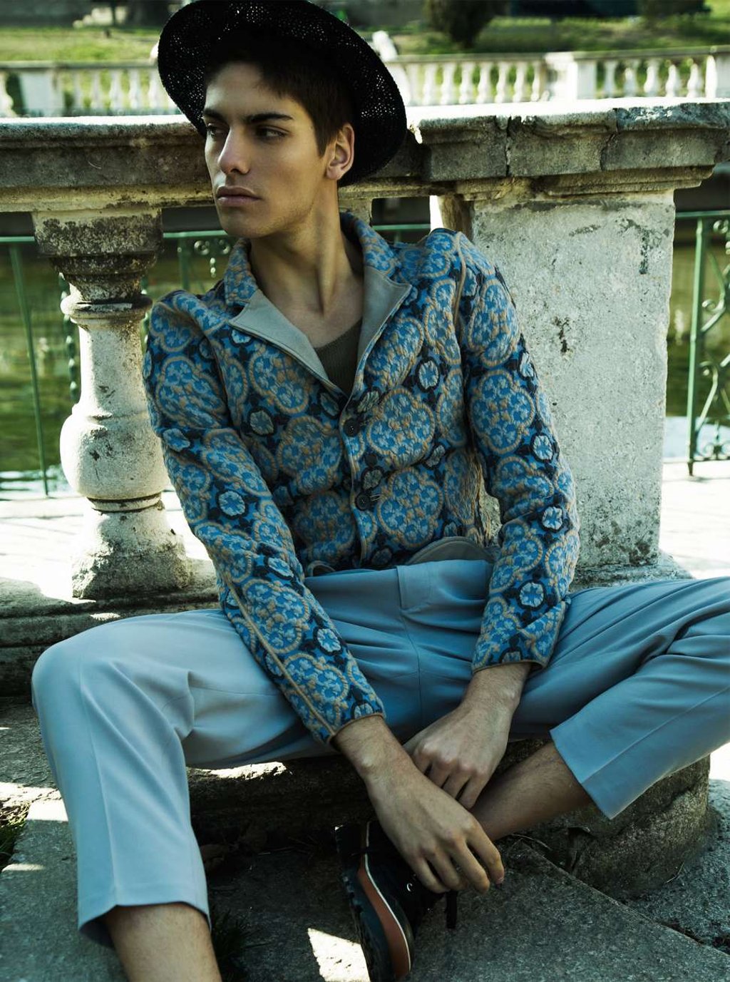 Giorgio Armani, hat, price on request, jacket, HK$29,500, trousers, HK$7,700; Louis Vuitton, tank top, price on request; Valentino, shoes, HK$5,800