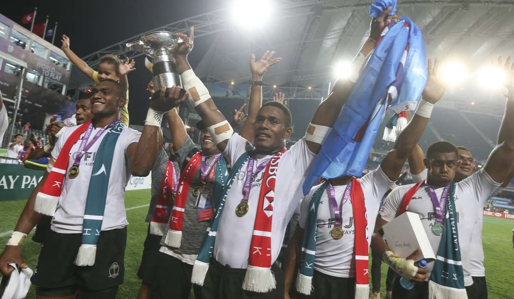 Fiji celebrates the victory against South Africa at the 2017 Hong Kong Sevens. Photo: K.Y. Cheng
