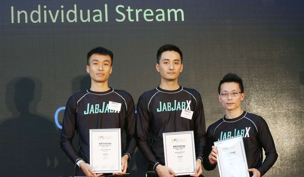 (From Left to Right) the founders of JabJabX, Au Chi-chung, Au Chi-chiu, and Thomas Yue-chun Long at the B4B Challenge award at Cyberport. Photo: Xiaomei Chen