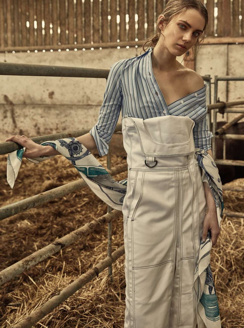 Prada, shirt, HK$7,600; Hermes, scarf, HK$6,500; Vetements X Carhartt, available at Net A Porter, jumpsuit, HK$11,500