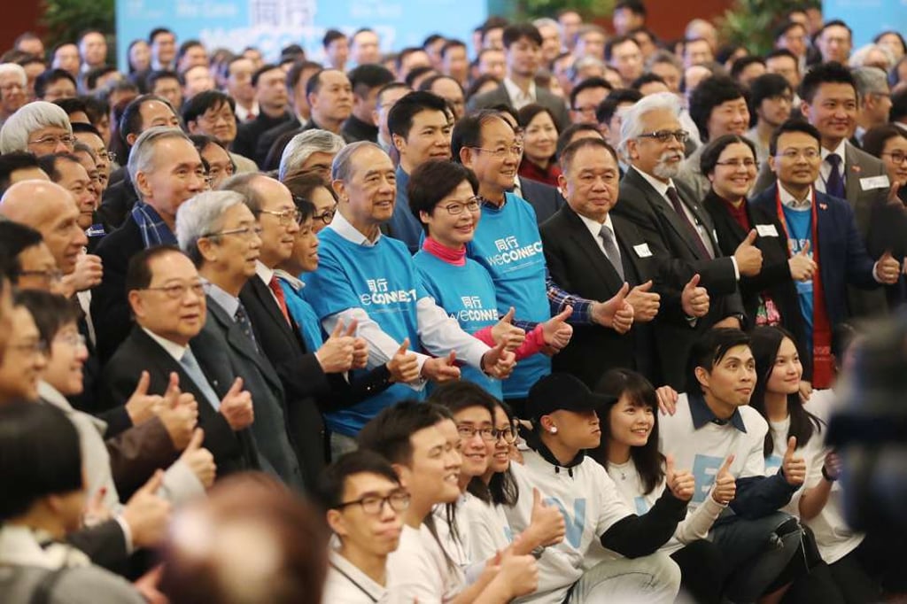 Carrie Lam kicks off her campaign with supporters in early February. Photo: Edward Wong