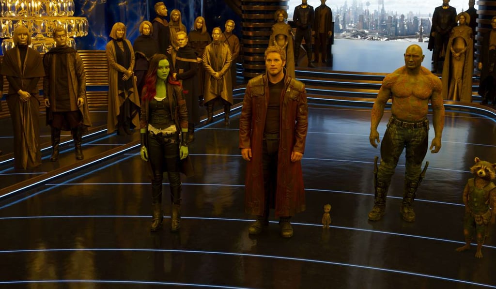 Guardians Of The Galaxy Vol. 2 characters (from left) Gamora (Zoe Saldana), Star-Lord/Peter Quill (Chris Pratt), Groot (voiced by Vin Diesel), Drax (Dave Bautista), and Rocket (Voiced by Bradley Cooper). Photo: Film Frame/Marvel Studios 2017