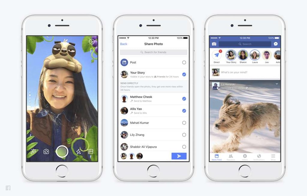 An overview of the features of Facebook’s new app update on an iPhone. Facebook is adding more Snapchat-like features. Photo: Facebook via AP