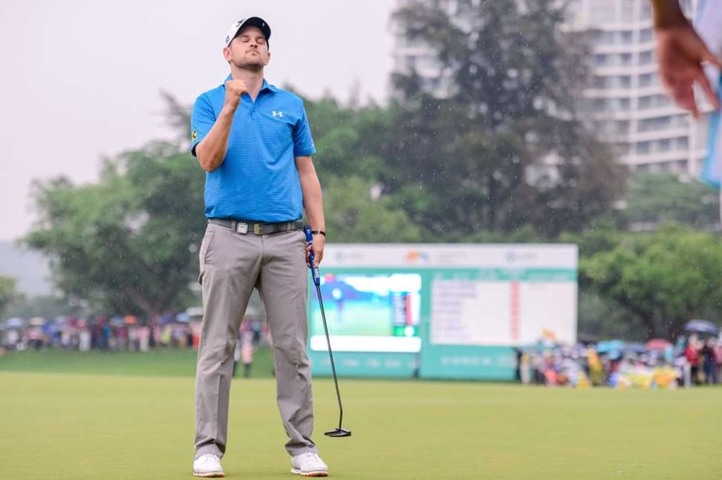 Bernd Wiesberger celebrates his victory at the Shenzhen International.