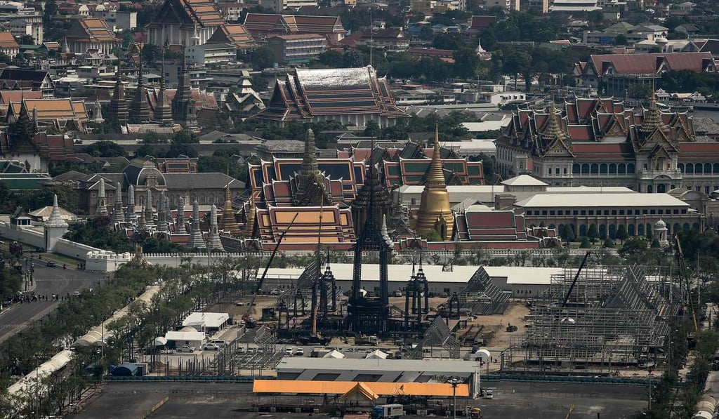 The funeral pyre and surrounding pavilions for the late Thai King Bhumibol Adulyadej is under construction inside Sanam Luang park, in front of the Grand Palace in Bangkok. Photo: AFP The funeral pyre and surrounding pavilions for the late Thai King Bhumibol Adulyadej is under construction inside Sanam Luang park, in front of the Grand Palace in Bangkok. Photo: AFP