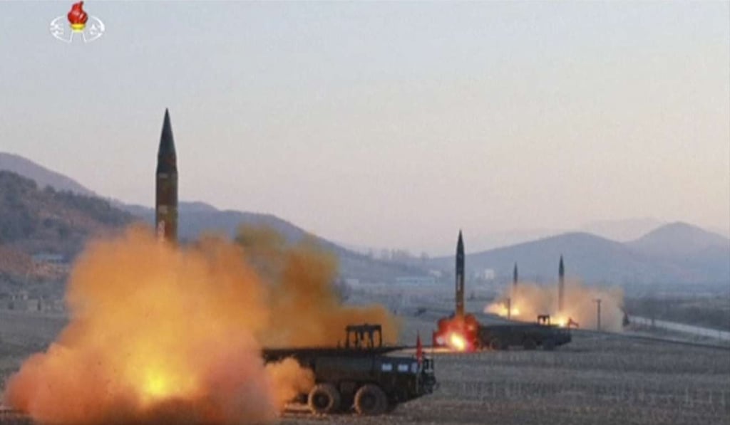 In this file image made from video released by KRT in March, North Korea launches four missiles in an undisclosed location. Photo: AP