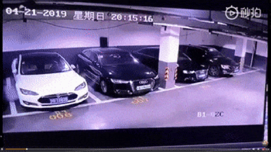Surveillance footage shows the moment the Tesla burst into flames at an underground car park in Shanghai. (Picture: Miaopai) Surveillance footage shows the moment the Tesla burst into flames at an underground car park in Shanghai. (Picture: Miaopai)