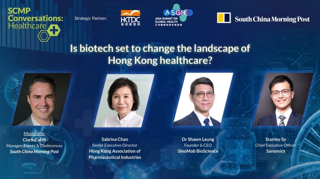 [Left to Right] Clark Cahill, Manager of Events and Conferences at SCMP, Sabrina Chan, Senior Executive Director at HKAPI, Dr. Shawn Leung, Founder, Chairman & CEO of SinoMab BioScience, and Stanley Sy, Chief Executive Officer at Sanomics presenting their perspectives on whether the biotechnology space will be changing the landscape of Hong Kong healthcare.