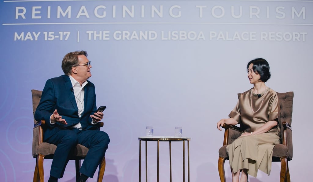 Pansy Ho, group executive chairman and managing director, Shun Tak Holdings, in a “fireside chat” with PATA chair Peter Semone. Pansy Ho, group executive chairman and managing director, Shun Tak Holdings, in a “fireside chat” with PATA chair Peter Semone.