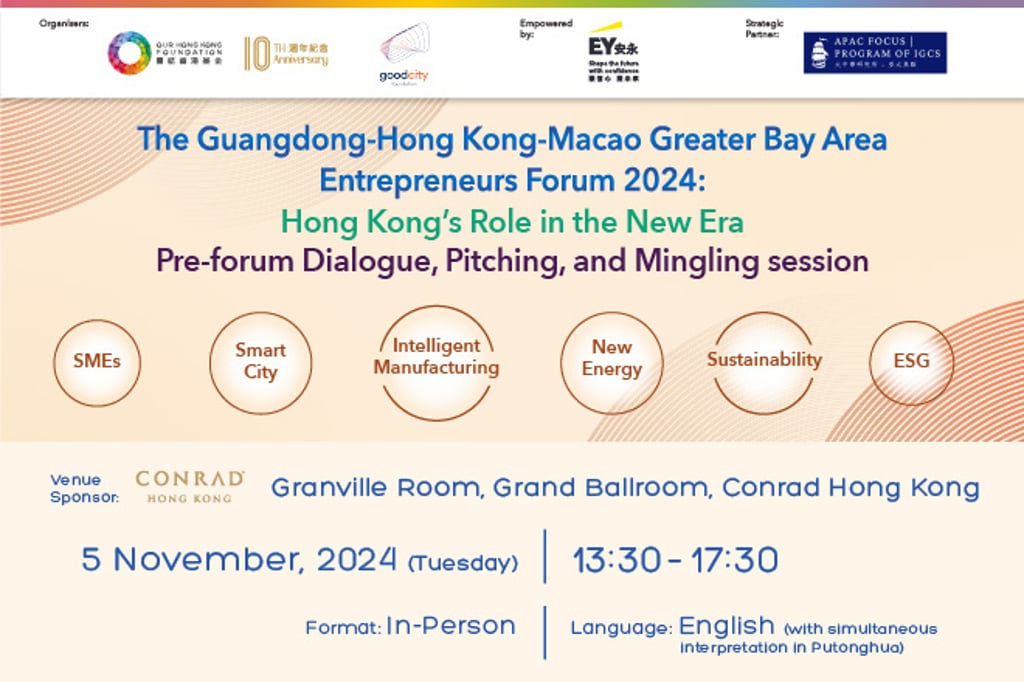 The Guangdong-Hong Kong- Macao Greater Bay Area Entrepreneurs Forum 2024: Hong Kong’s Role in the New Era - Pre-forum Dialogue, Pitching, and Mingling Session” is to be held on 5 November. Photo: Our Hong Kong Foundation.